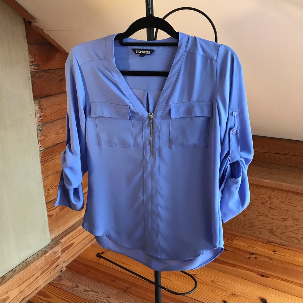 Express Periwinkle V-Neck Half Zip Blouse, GUC, XS